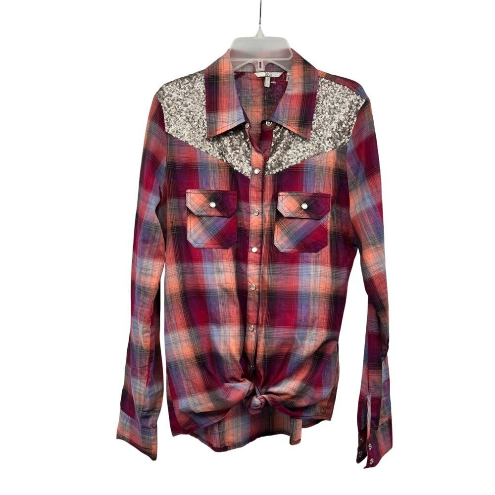 BKE Womens Fitted Plaid Button Up Top Sequined Multicolor Size Small